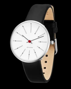 ARNE JACOBSEN BANKERS 34MM STÅL OG SORT LÆDER - 53101-1601