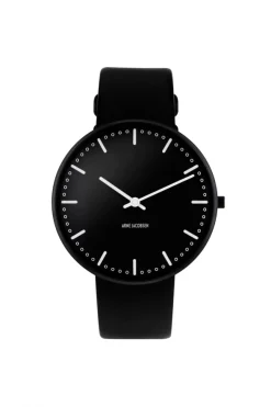 ARNE JACOBSEN CITY HALL 40MM SORT SKIVE SORT LÆDERREM