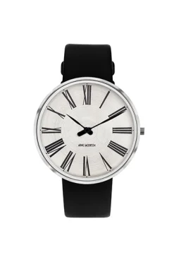 ARNE JACOBSEN ROMAN STÅL 40MM GRÅ SKIVE SORT LÆDERREM
