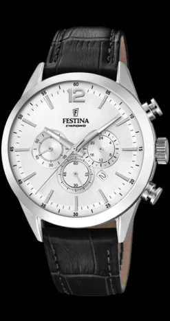 FESTINA HERRE UR STÅL CHRONOGRAF MED SORT LÆDERREM F20542/1