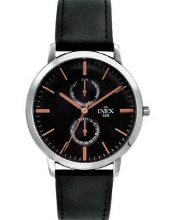 INEX HERRE UR STÅL DAG-DATO MED SORT LÆDERREM