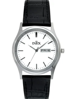 INEX HERRE UR STÅL DATO MED SORT LÆDERREM - A12124-1S0I