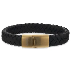 SCROUPLES FORCE ARMBÅND SORT LÆDER FORGYLDT STÅL LÅS 21CM - 03571A,M