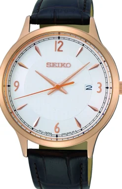 SEIKO UR HERRE GULD FARVET MED BRUN LÆDERREM - SGEH88P1