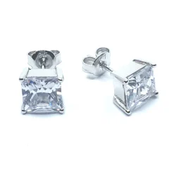 SØLV ØRESTIK RHODINERET 7 MM FIRKANTET SYNT. ZIRKONIA 4 GRABBER